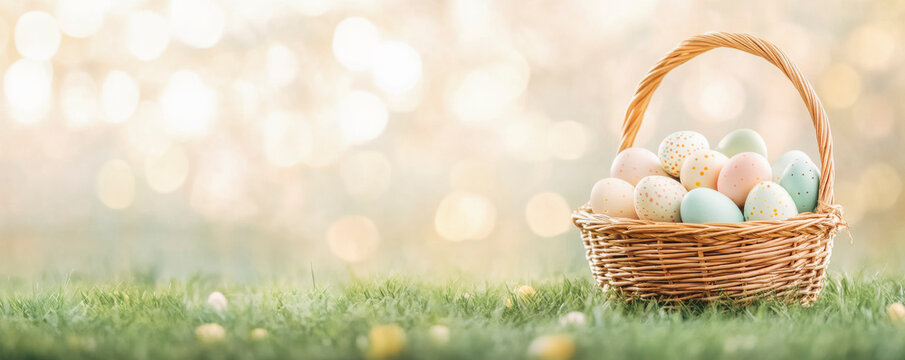 Easter egg basket on lush spring grass - perfect for easter celebrations and spring decor