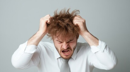 A stressed businessman is gripping his hair, expressing frustration and anxiety, This image is ideal for illustrating topics related to stress, work pressure