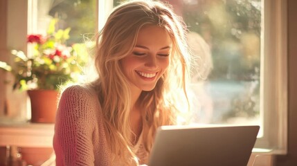 A woman smiling at her laptop while checking blurred ecommerce analytics, soft focus creating a peaceful and dreamy workspace, online sales, gentle blur