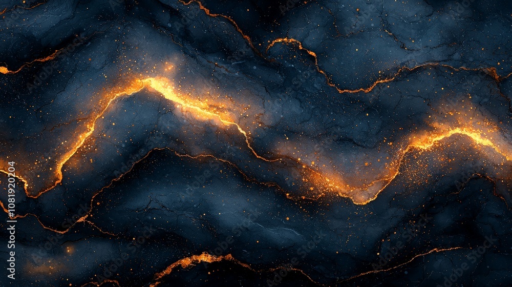 Wall mural abstract image featuring dark waves illuminated by glowing orange lines and particles.