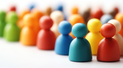 Obraz premium A collection of colorful wooden figurines arranged in a row, suitable for illustrating teamwork, diversity, or community concepts in marketing materials, educational resources, or presentations,