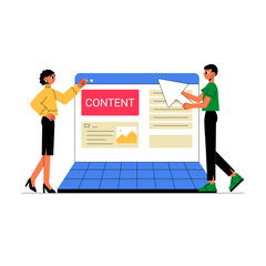 Content Creation Team With Laptop In Flat Vector Illustration Symbolizing Digital Marketing, Content Strategy, And Collaboration, Isolated On White Background