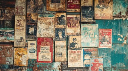 Vintage old posters on a wall. Old and retro background.