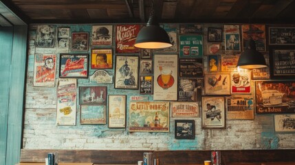 Obraz premium Coffee shop with vintage posters on the wall, vintage style.