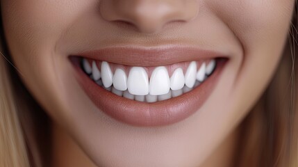 Fototapeta premium Close-up of a smiling woman with fair skin and straight, white teeth, showcasing a confident and bright expression.