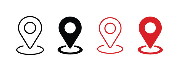 Location pin with circle, linear style icon. Red map pin location icon line set, vector illustration