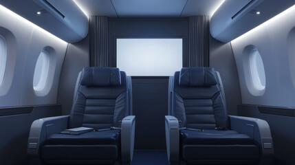 Luxurious first class cabin featuring two comfortable seats and large screen, designed for exclusive travel experience. ambiance is modern and sophisticated, perfect for relaxation