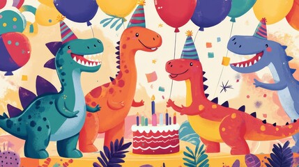 Cute Dinosaurs Celebrate Birthday with Cake and Balloons
