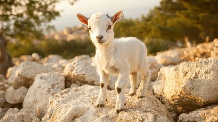 Obraz premium A Curious Baby Goat Standing on Rocks in the Sunlight