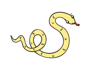 Hand drawn cute cartoon yellow color outline simple snake. Kind doodle snake smile isolated on white background.