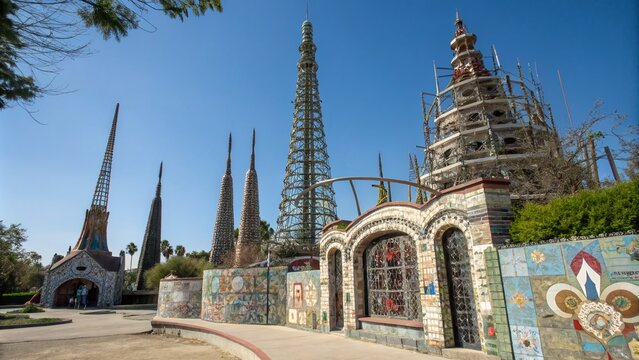 Panoramic view of the iconic Watts Towers showcasing intricate tile mosaics and towering spires under a clear blue sky, capturing the artistic spirit of Los Angeles and its cultural heritage.