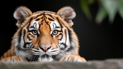 Fototapeta premium A close-up portrait of a tiger, showcasing its striking orange and black stripes and intense gaze, ideal for wildlife documentaries, educational materials, or nature-themed projects,