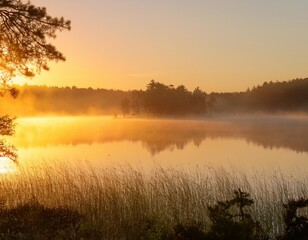 Obraz premium Misty Morning on a Tranquil Lake With Rolling Fog Hovering Over the Water and a Distant Forest Just Visible Through the Hazy Light of Dawn