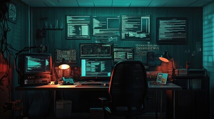 A dimly lit tech workspace filled with computer screens displaying code, evoking a focused atmosphere.
