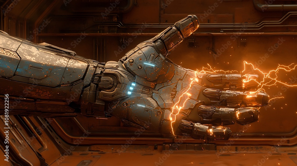 Aufkleber futuristic robotic hand with electrifying energy in a sci-fi environment featuring detailed mechanis