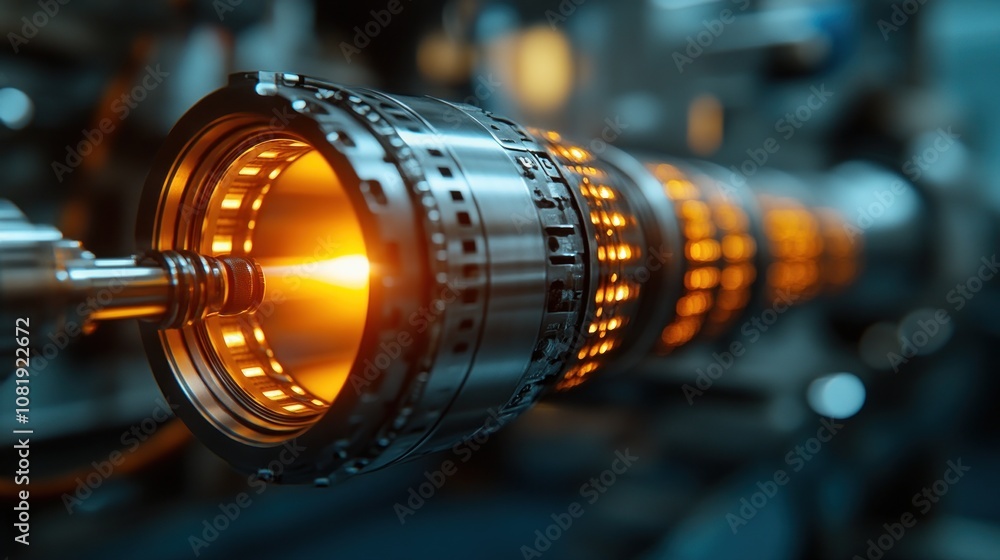 Poster close-up of a futuristic turbine component with glowing elements.