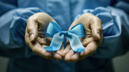 Hands Holding a Delicate Blue Ribbon Bow