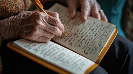 Naklejka premium Elderly Hands Writing in a Notebook