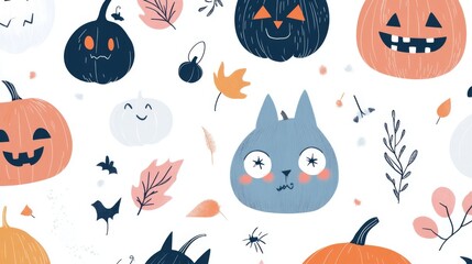 Fototapeta premium Cute Halloween Pumpkins and Ghosts Pattern