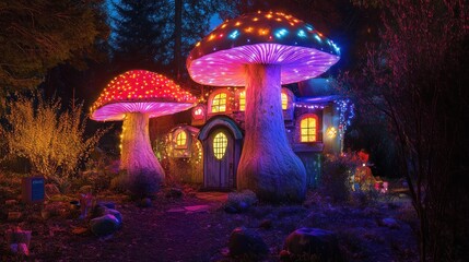 Obraz premium Two large, glowing mushroom-shaped houses with lights and windows, in a forest setting.