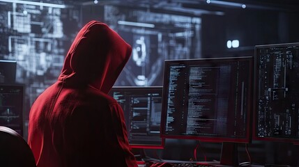 Obraz premium Anonymous male in a red hoodie focused on multiple computer screens in a dark, high-tech setting.