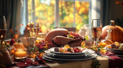 Obraz premium A beautifully set Thanksgiving table featuring roasted turkey, autumn leaves, and glasses of sparkling cider.