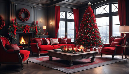 Living room decorated for Christmas with red theme Christmas tree, fireplace and sofa. Christmas image. Card design.赤色のテーマのクリスマスツリーと暖炉とソファーのあるクリスマスの飾りをしたリビングルーム。クリスマスのイメージ。カードデザイン。