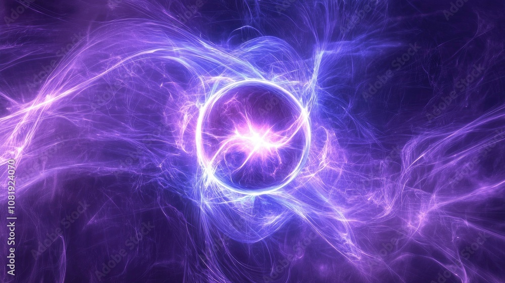 Poster ethereal cosmic energy wave with radiant purple light and abstract swirling patterns creating a myst