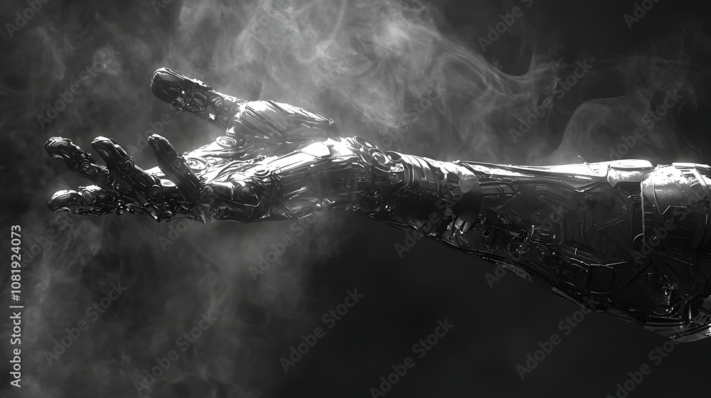 Poster futuristic metallic arm revealing fingers in dark atmosphere with wisps of smoke offering a glimpse 
