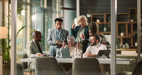 Applause, laptop and business people with celebration, teamwork and achievement in office. Coworkers, group and employees with computer, success and cooperation in meeting and email with approval