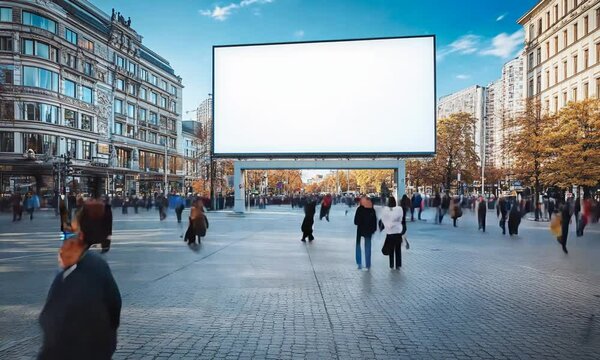 Bustling City Square with Blank Billboard and People in Motion Blur : Generative AI