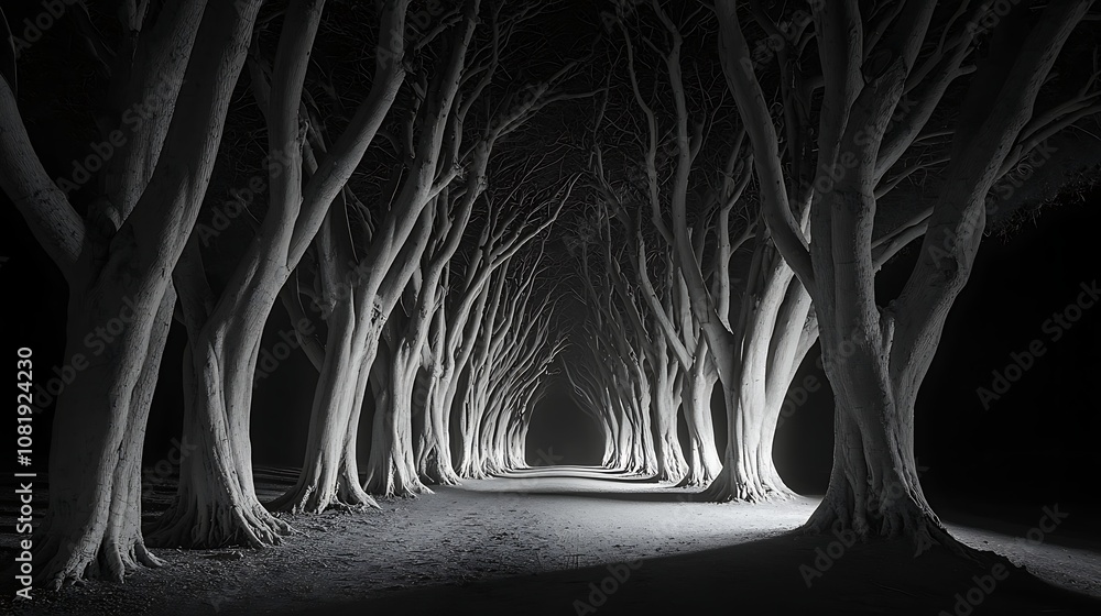 Aufkleber ethereal pathway through monochrome trees at night, surrounded by shadows and mysterious dark forest