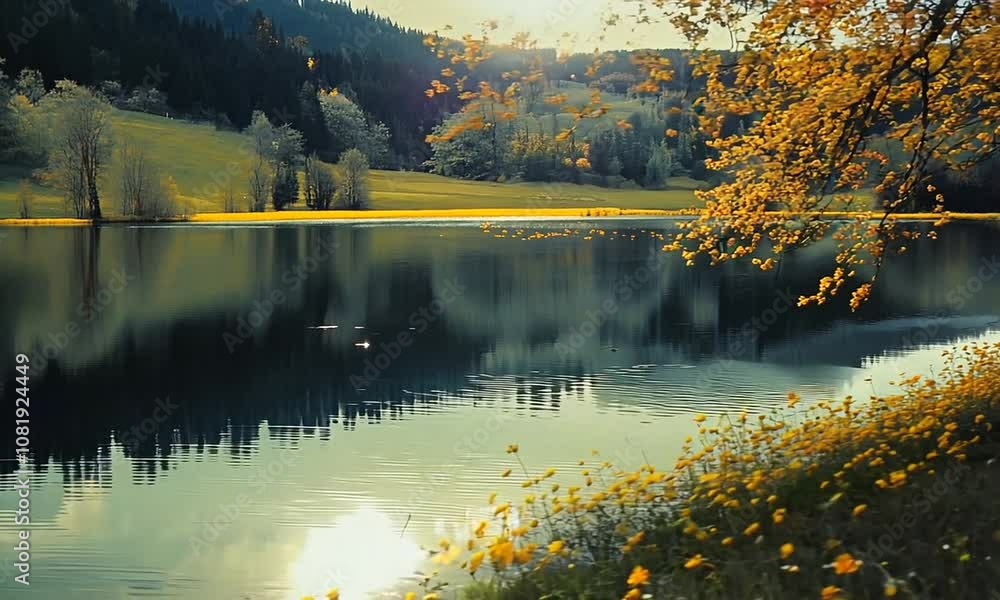 Aufkleber tranquil lakeside view with vibrant yellow flowers under a tree in springtime : generative ai