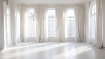 Empty white room with large windows and white curtains.