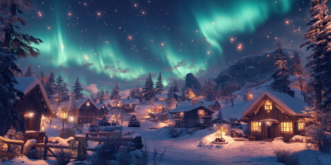 Obraz premium serene northern village under mesmerizing aurora borealis, featuring cozy cabins surrounded by snow covered trees. warm glow from windows creates magical atmosphere