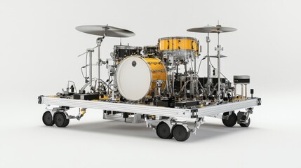 Detailed Render of an Automated Drum Set on a Mobile Platform with Drumsticks, Cymbals, and Electronic Components for Music Technology Applications