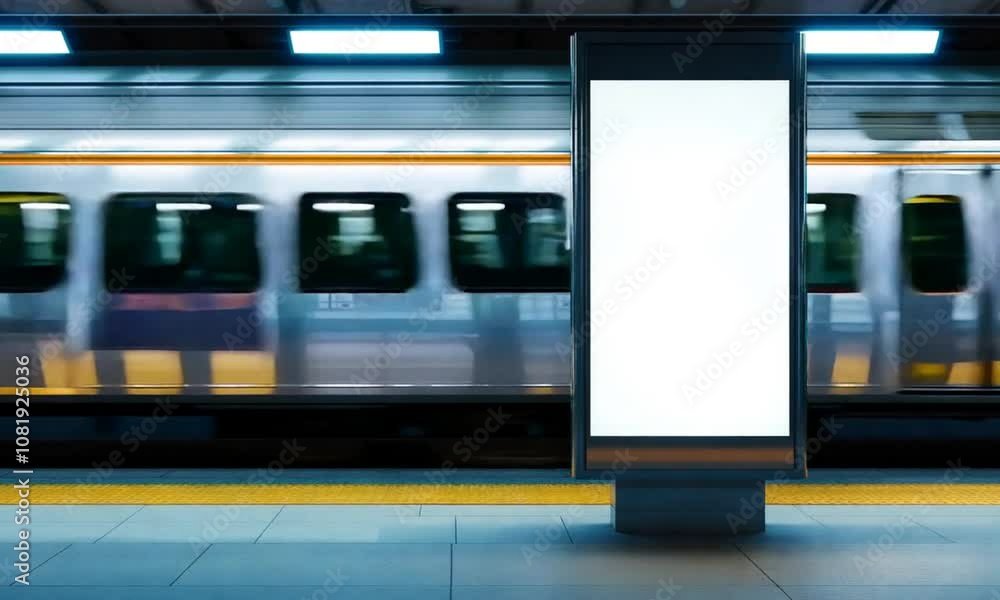 Aufkleber modern subway platform with blank illuminated billboard at night in an empty station : generative ai