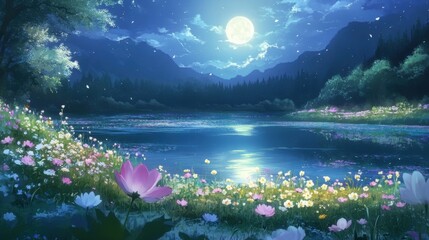 Moonlit Enchantment: A Tranquil Anime Landscape