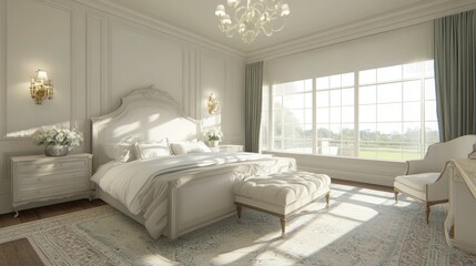 Fototapeta premium Luxurious White Bedroom with Large Window and Ornate Bed