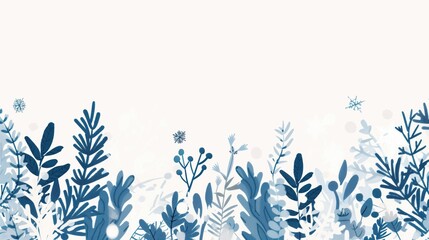 Obraz premium An abstract winter-themed design with artistic blue foliage and snowflake accents scattered across a light cream background with copy space.
