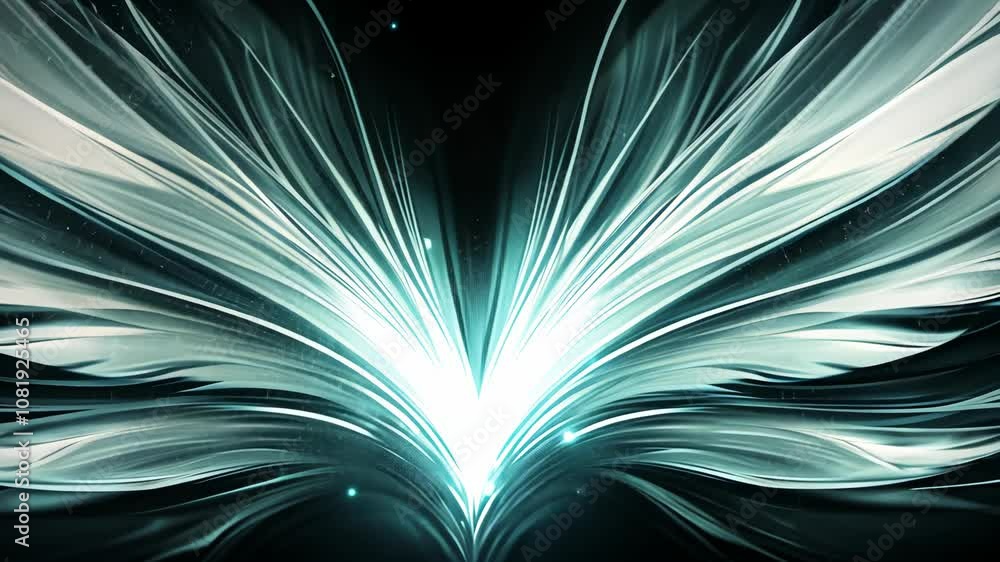 Poster abstract teal and white lines converge in the center of the image, creating a glowing, v-shaped patt