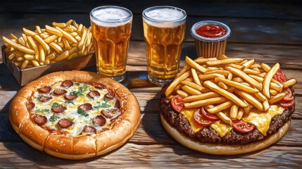 Delicious Pizza Burger Fries Beer Fast Food Feast