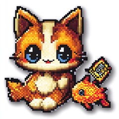 Pixelated Orange Cat with Fish Tail and Wings
