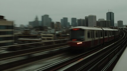 Naklejka premium Urban Train in Motion with City Skyline Backdrop on Gloomy Day, Expressing Modern Transportation and Urban Life in a Dynamic City Environment