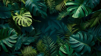 Tropical Leaves Illuminated with space and Notanical herbal exotic tropical plants herbs flowers botanical foliage background nature jungle lanfscape. Graphic Art