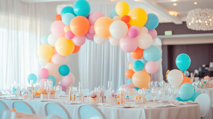 Colorful balloons create festive arch in beautifully arranged dining space, perfect for celebrations. vibrant colors and elegant table settings evoke joyful atmosphere