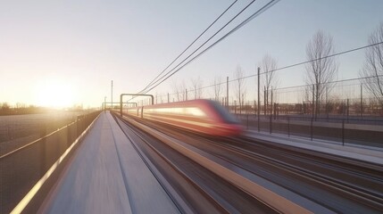 High-Speed Train in Motion at Sunset, Capturing Dynamic Energy of Transportation and Modern Infrastructure with a Beautiful Gradient Sky in Background