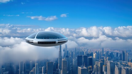 Fototapeta premium Futuristic Flying Vehicle Above Cityscape Cloud Aerial View