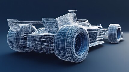 Wireframe rendering of a Formula One race car, viewed from the rear, against a blue background.