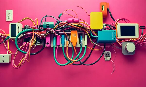 A vibrant arrangement of tangled cables and connectors against a pink background.
